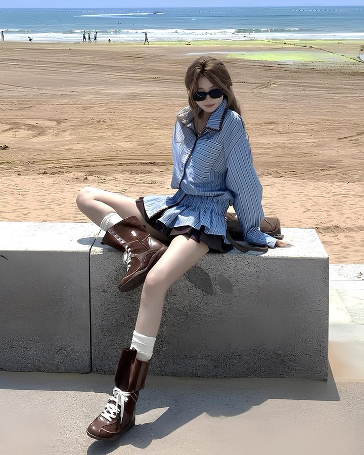 ウエストギャザーフリルストライプシャツ Mc 645