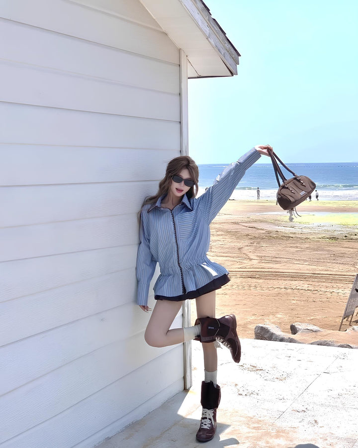 ウエストギャザーフリルストライプシャツ Mc 645