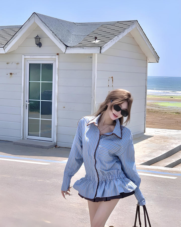 ウエストギャザーフリルストライプシャツ Mc 645
