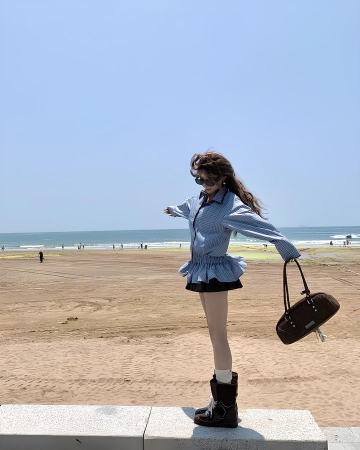 ウエストギャザーフリルストライプシャツ Mc 645