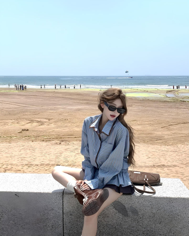 ウエストギャザーフリルストライプシャツ Mc 645