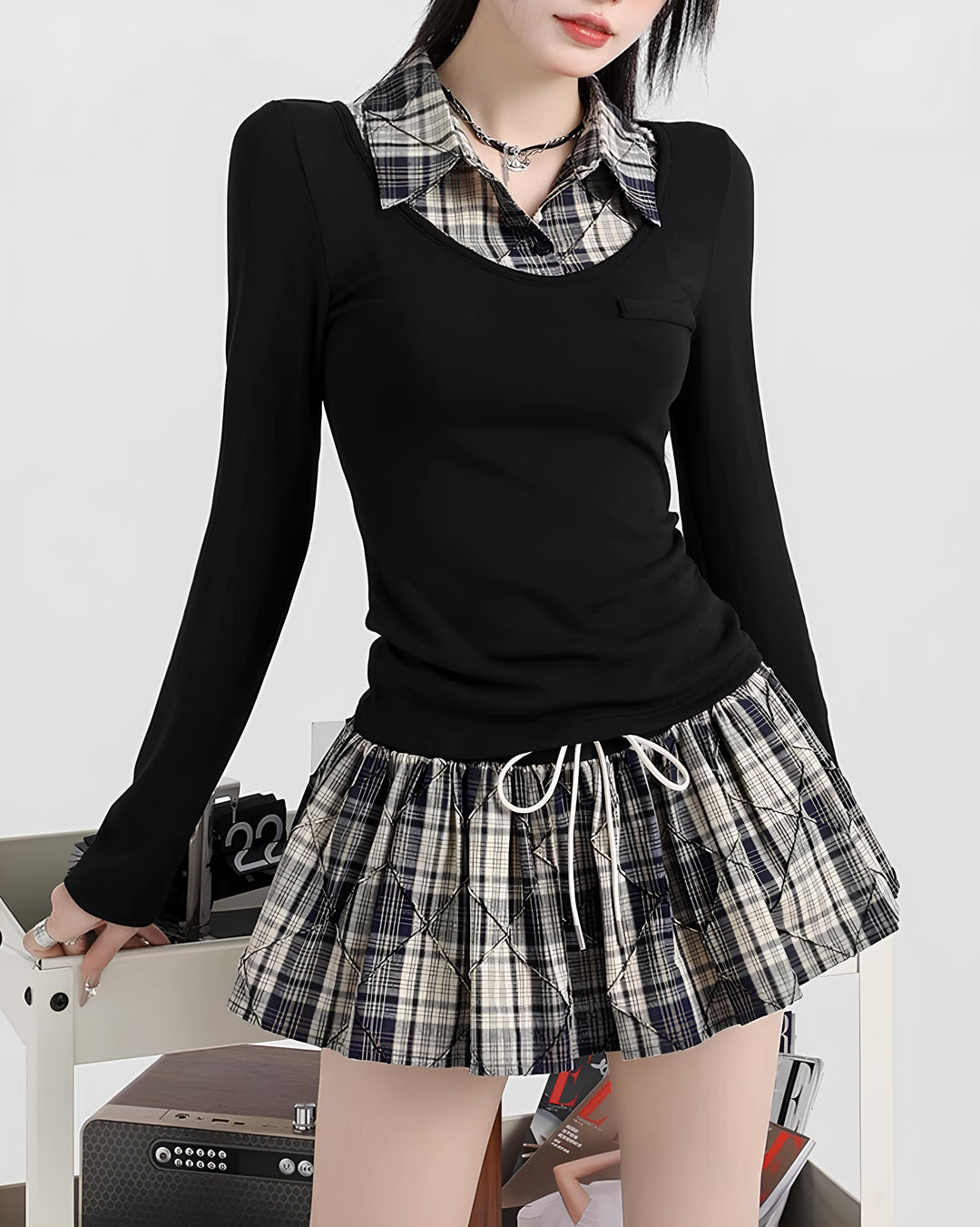 レイヤードチェックガーリーミニセットアップ  Mc656