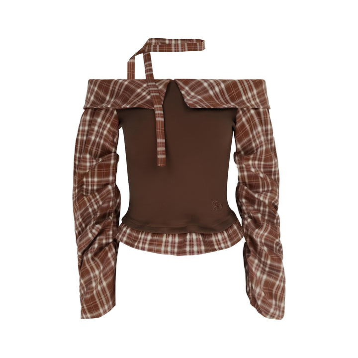 チェックフリルオフショルブラウンガーリーセットアップ Mc 661
