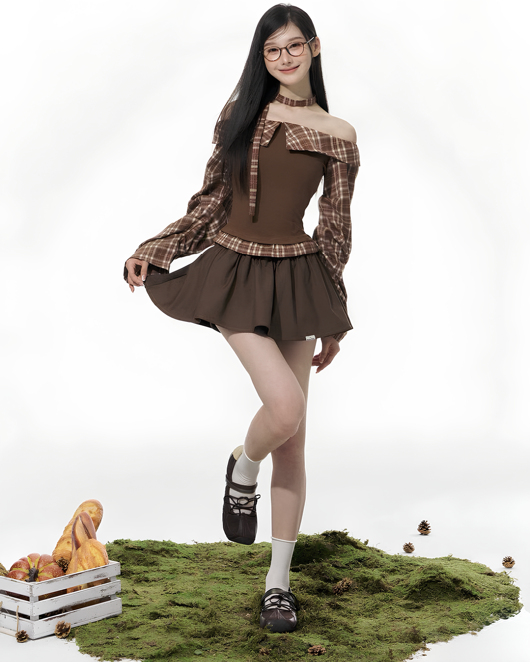 チェックフリルオフショルブラウンガーリーセットアップ Mc 661