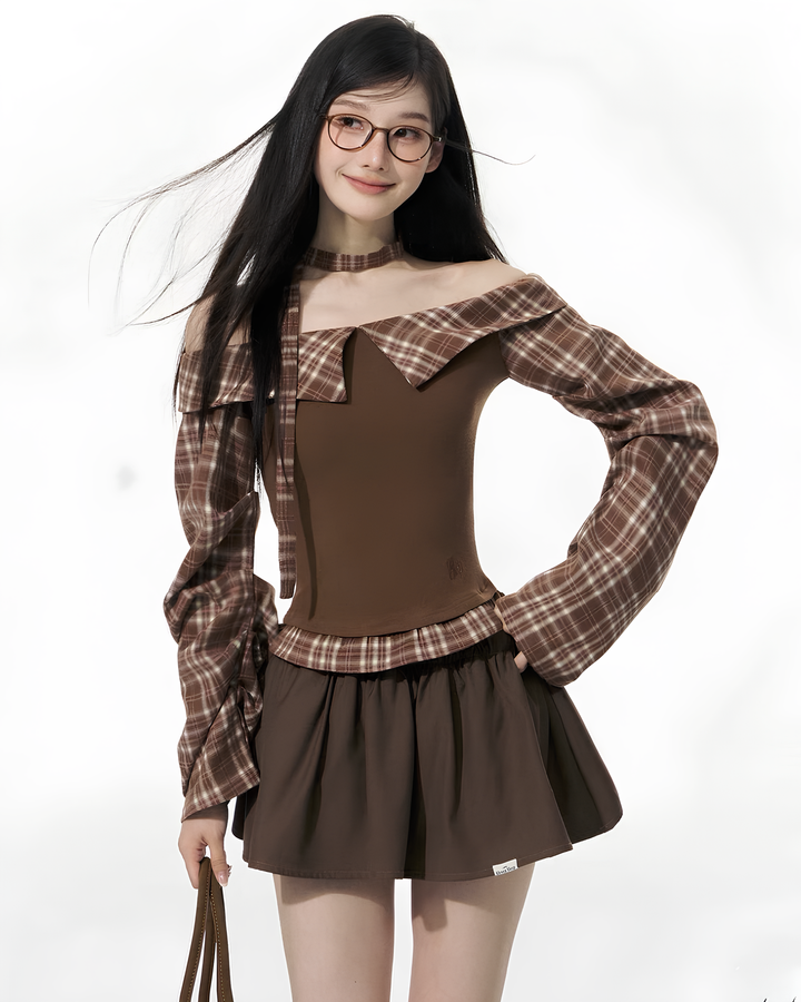 チェックフリルオフショルブラウンガーリーセットアップ Mc 661