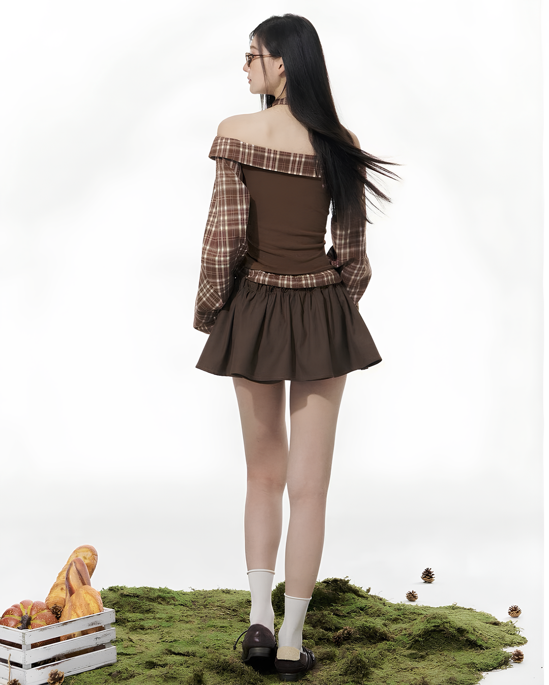 チェックフリルオフショルブラウンガーリーセットアップ Mc 661