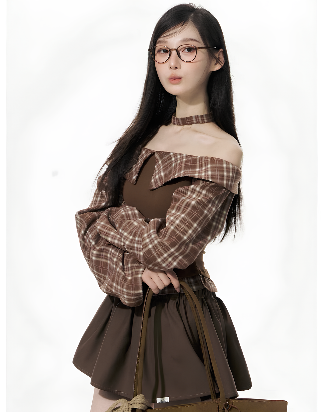 チェックフリルオフショルブラウンガーリーセットアップ Mc 661