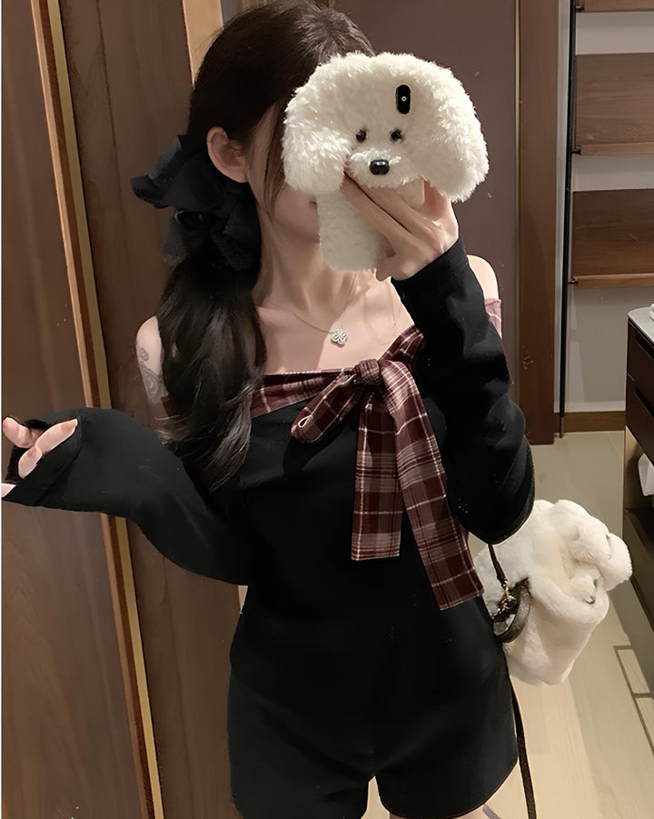 チェックリボンオフショルトップス Mc 662