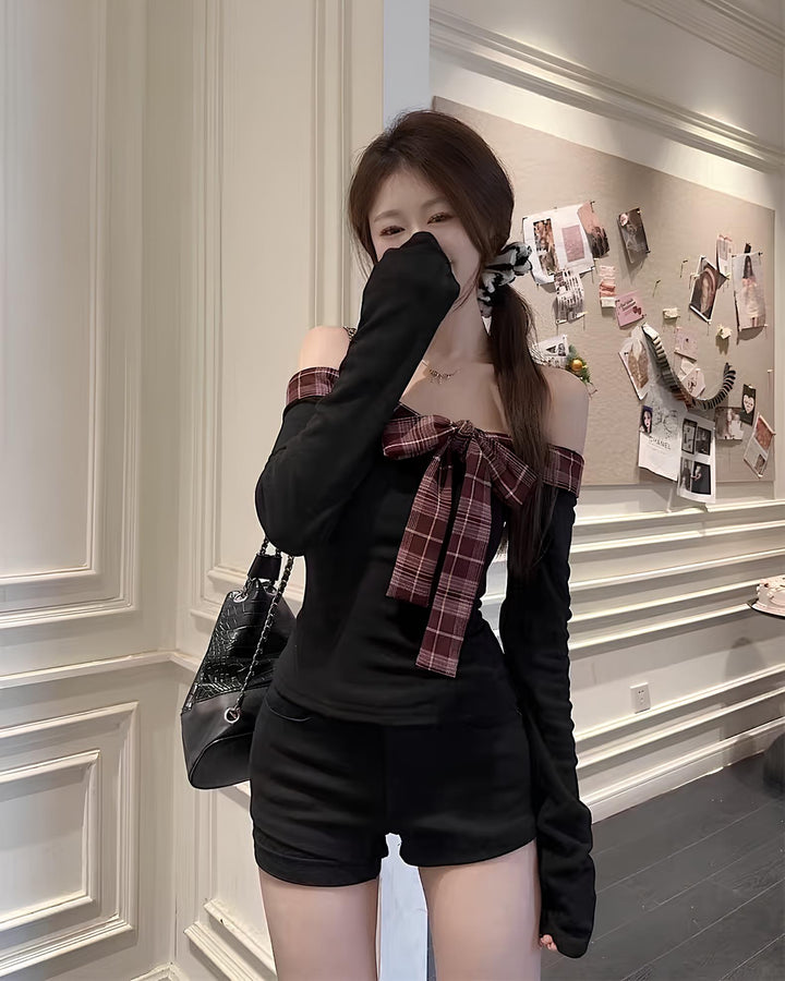 チェックリボンオフショルトップス Mc 662