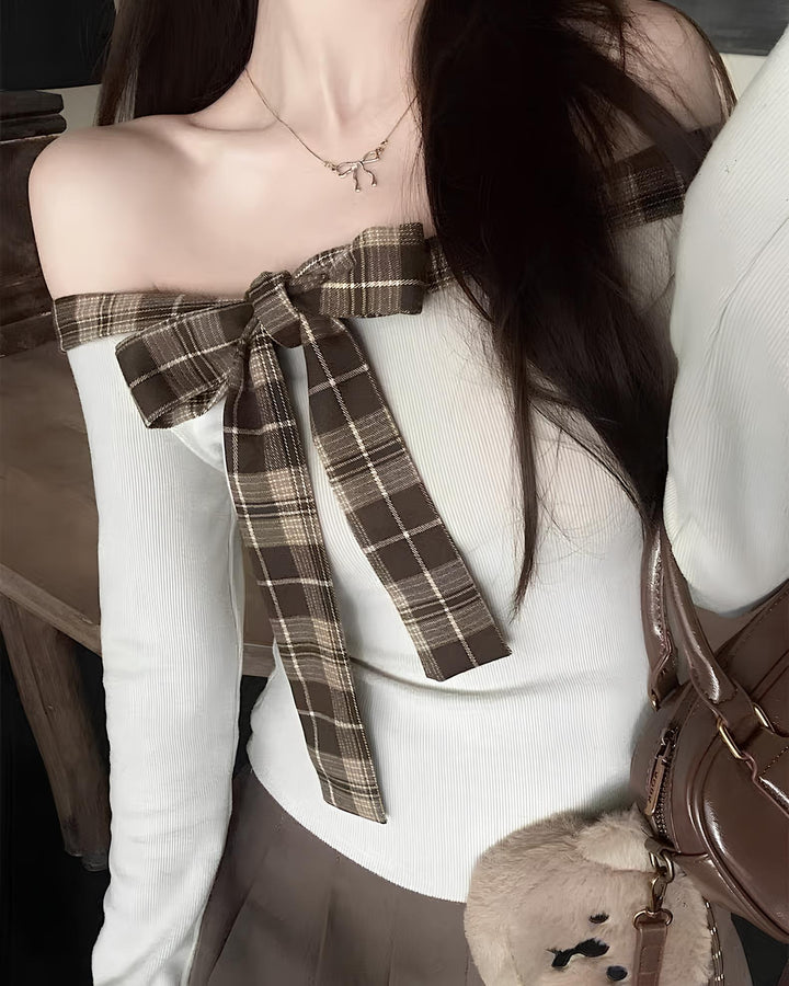 チェックリボンオフショルトップス Mc 662