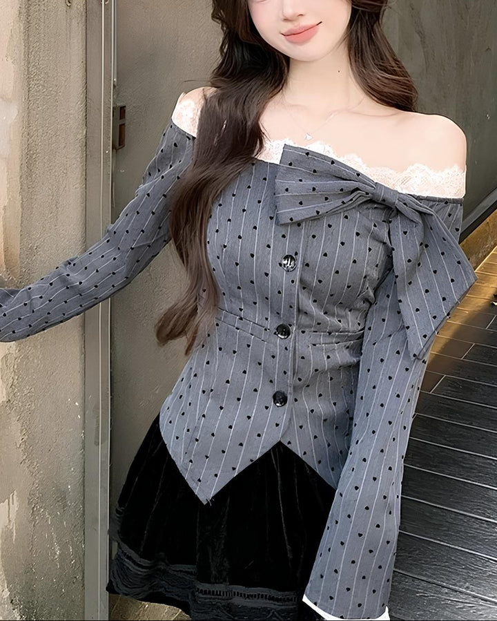 リボンシルエットレースオフショルブラウス Mc 674