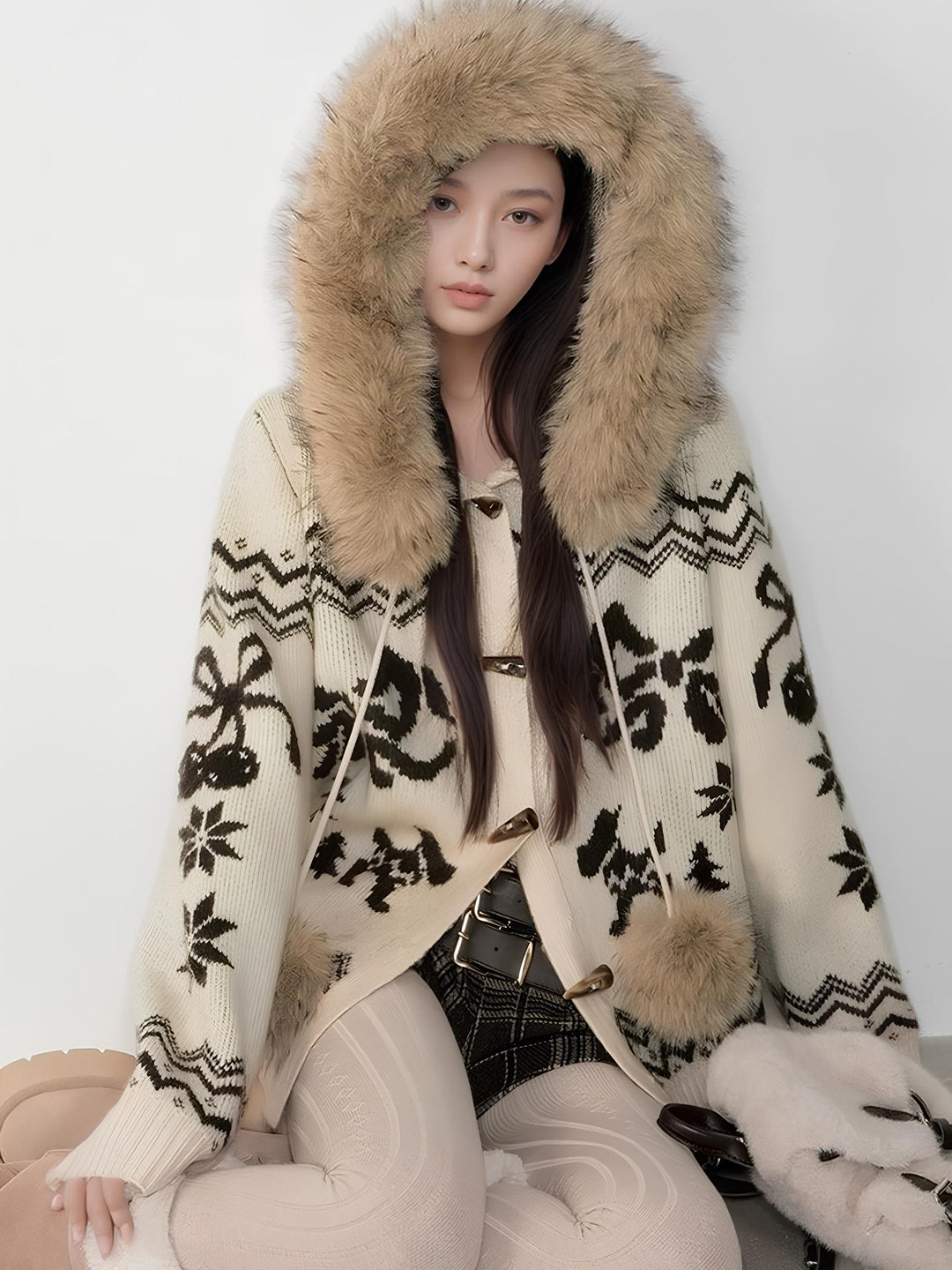 ファー襟リボンノルディックニットフーディ Mc 699