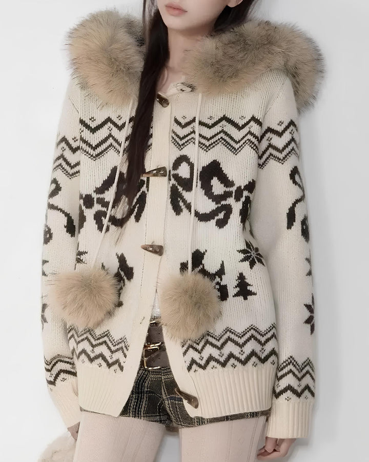 ファー襟リボンノルディックニットフーディ Mc 699