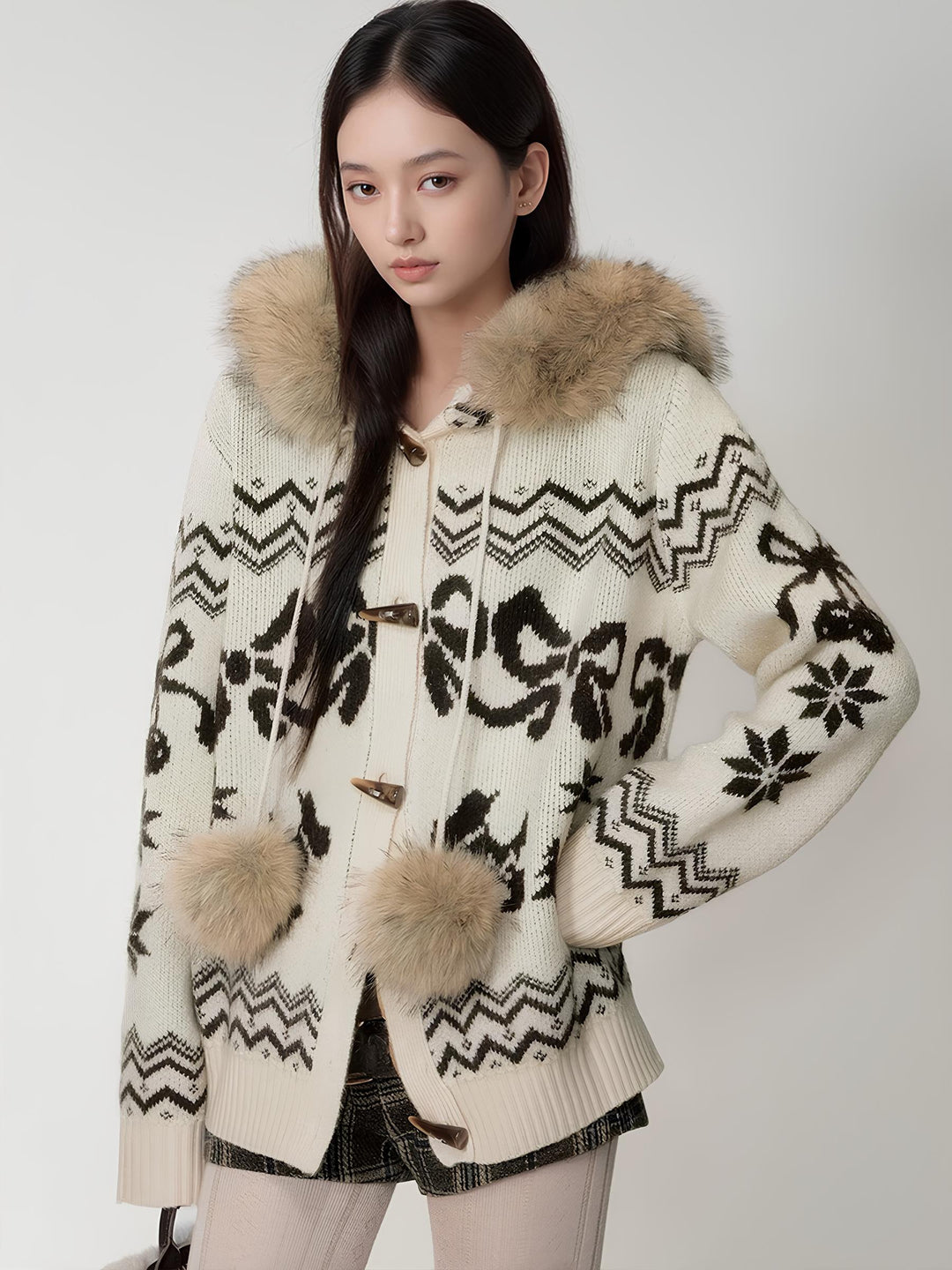 ファー襟リボンノルディックニットフーディ Mc 699