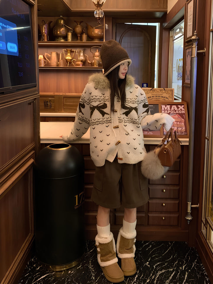 ファー襟リボンノルディックニットフーディ Mc 699