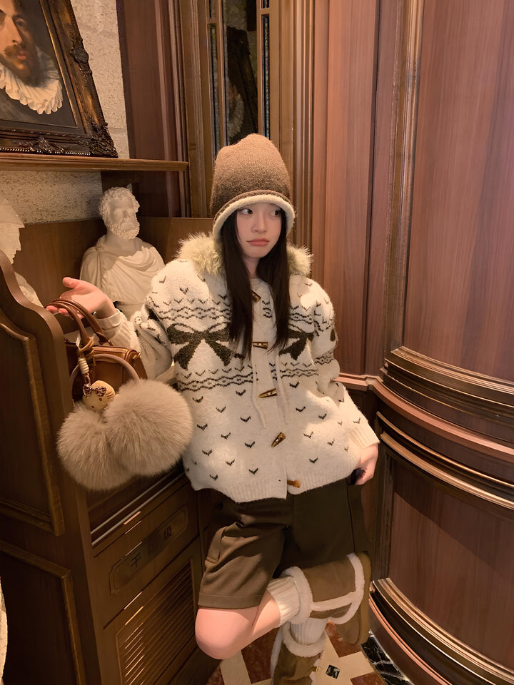 ファー襟リボンノルディックニットフーディ Mc 699