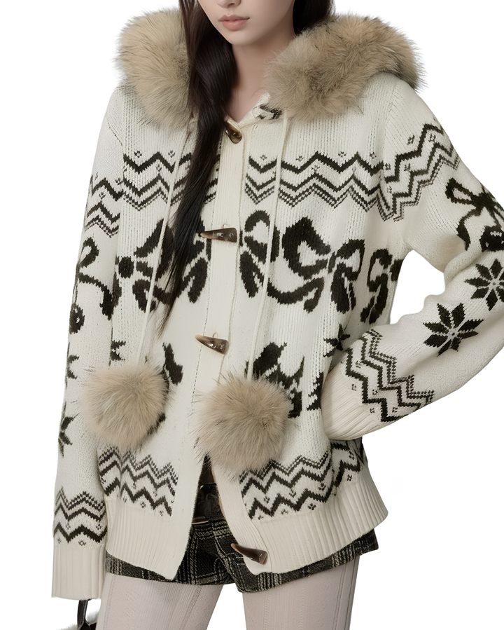 ファー襟リボンノルディックニットフーディ Mc 699