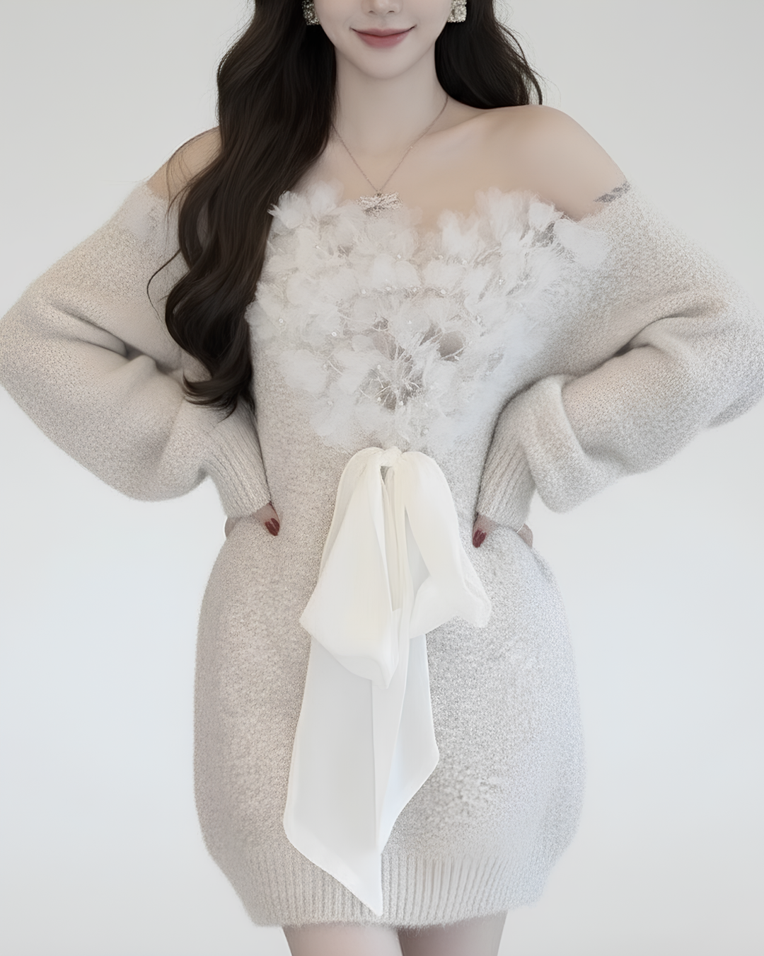 フラワーレースリボン2WAYニットワンピース Mc 725