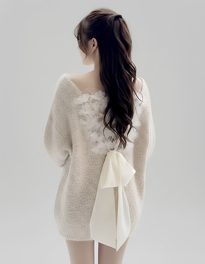 フラワーレースリボン2WAYニットワンピース Mc 725