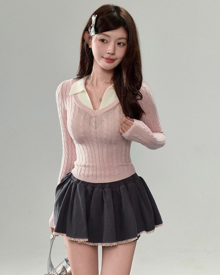 襟付きレイヤード風ニット Mc571