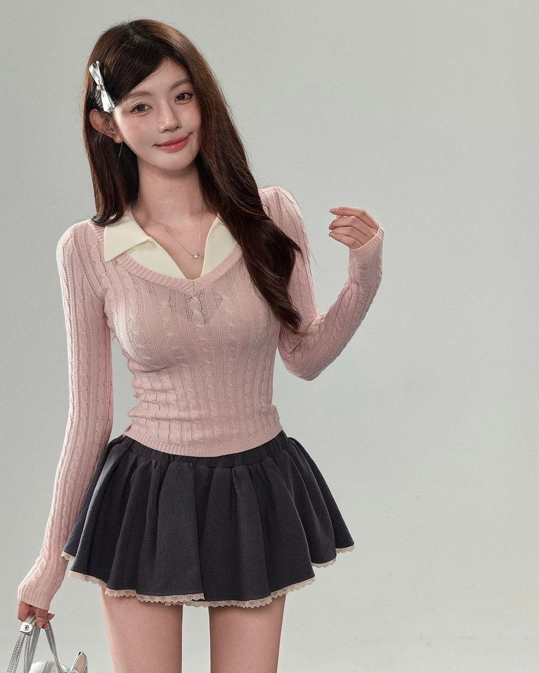 襟付きレイヤード風ニット Mc571