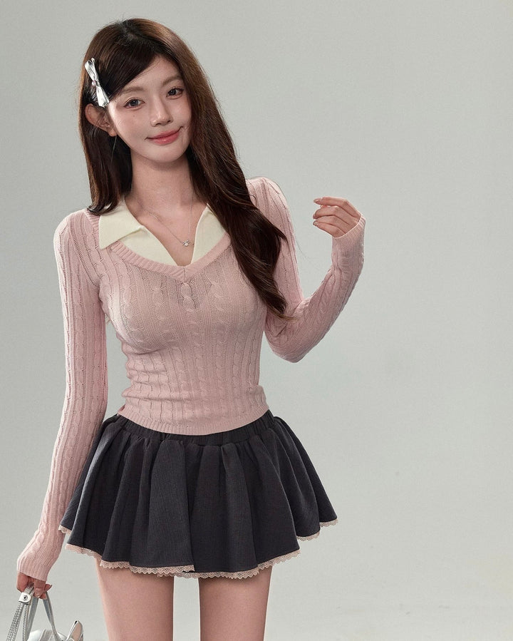 襟付きレイヤード風ニット Mc571