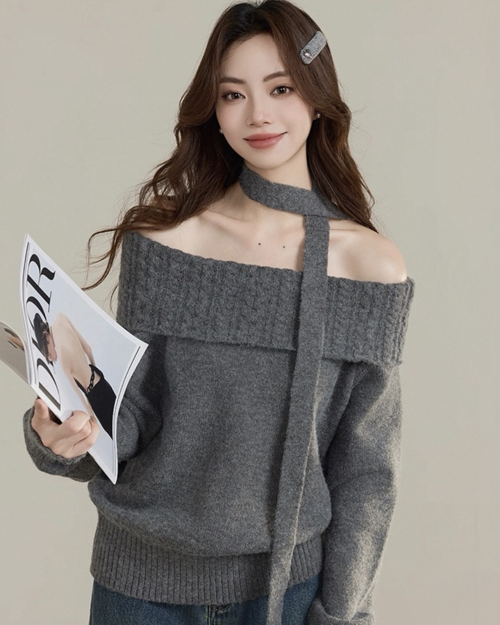 マフラー付きオフショルダーニットトップス Mc 585