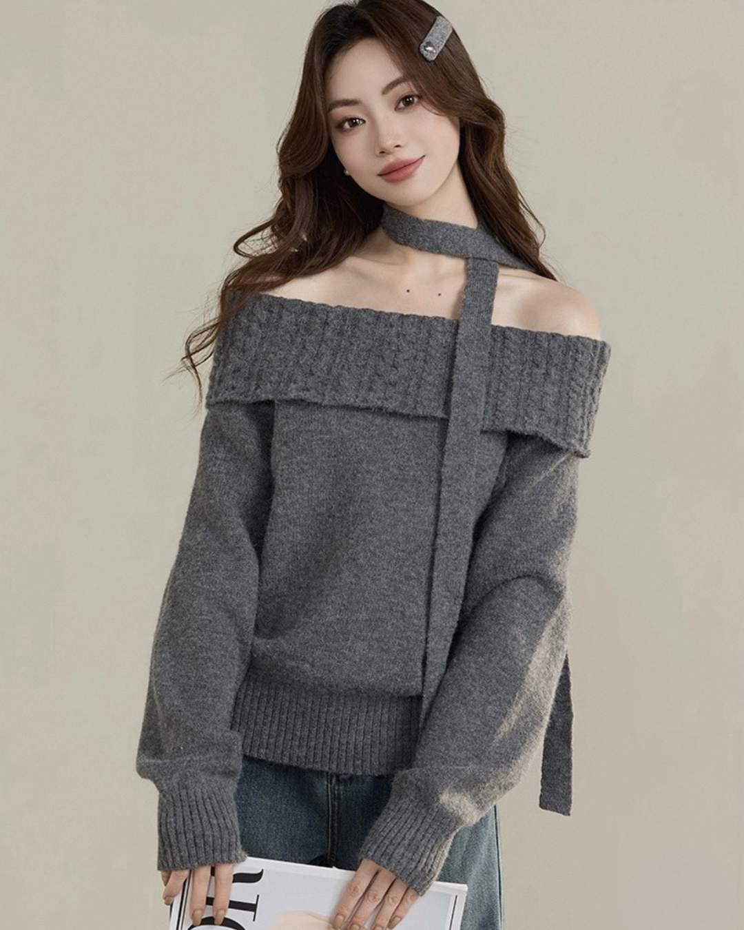 マフラー付きオフショルダーニットトップス Mc 585