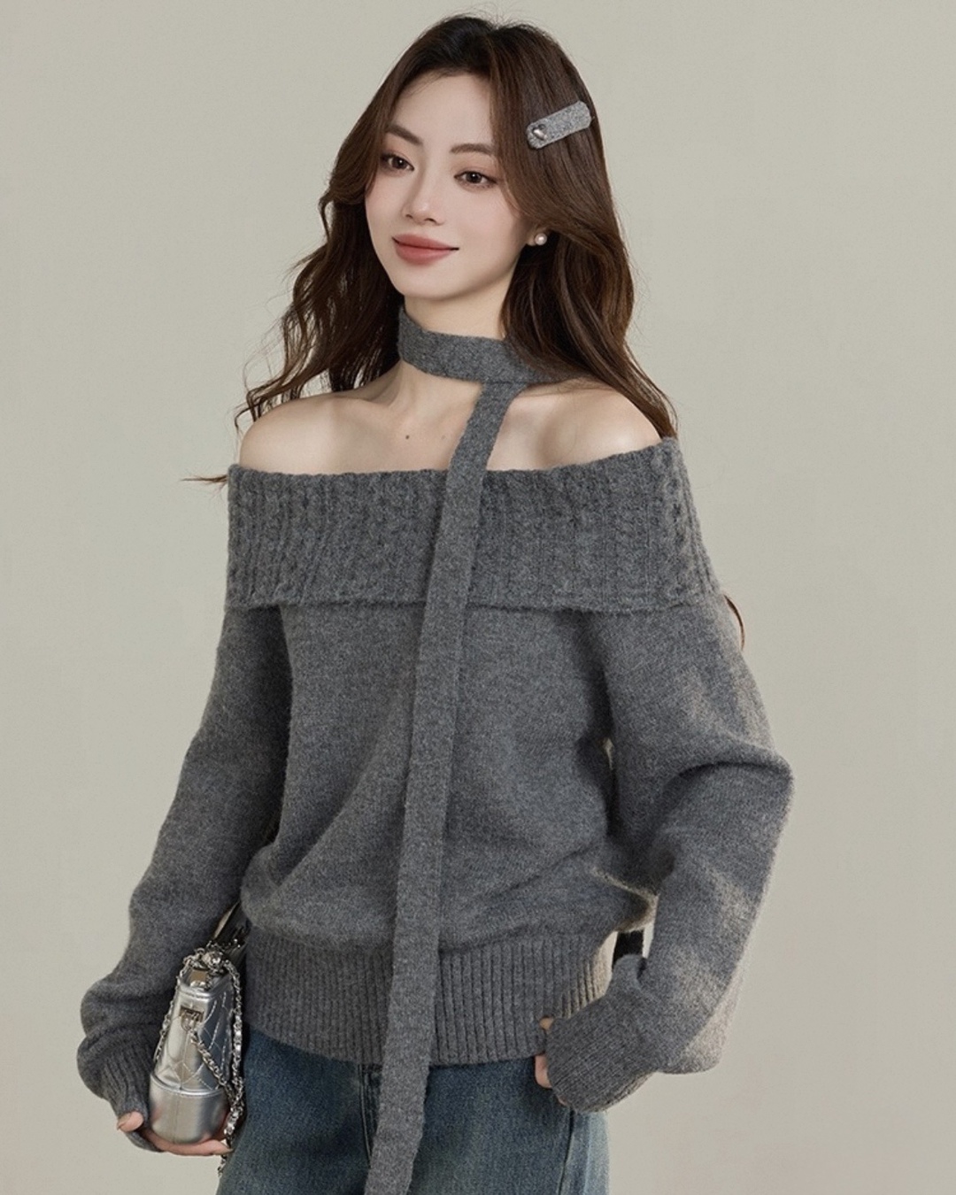 マフラー付きオフショルダーニットトップス Mc 585