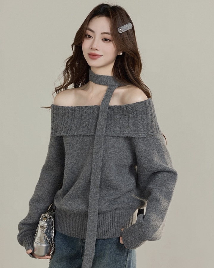 マフラー付きオフショルダーニットトップス Mc 585