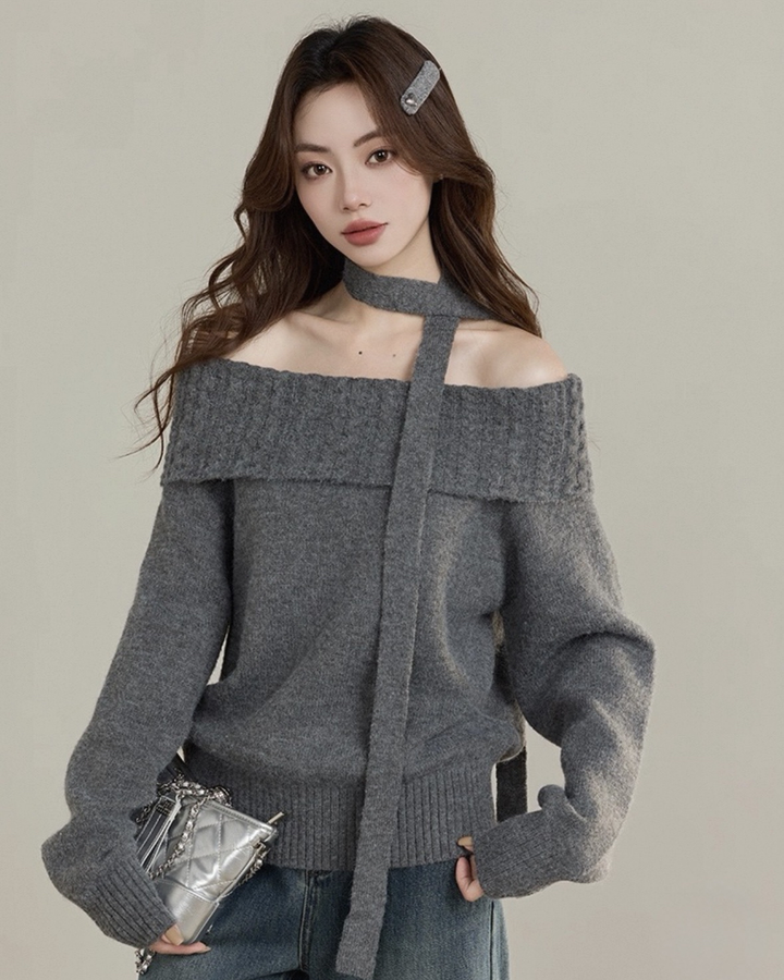 マフラー付きオフショルダーニットトップス Mc 585