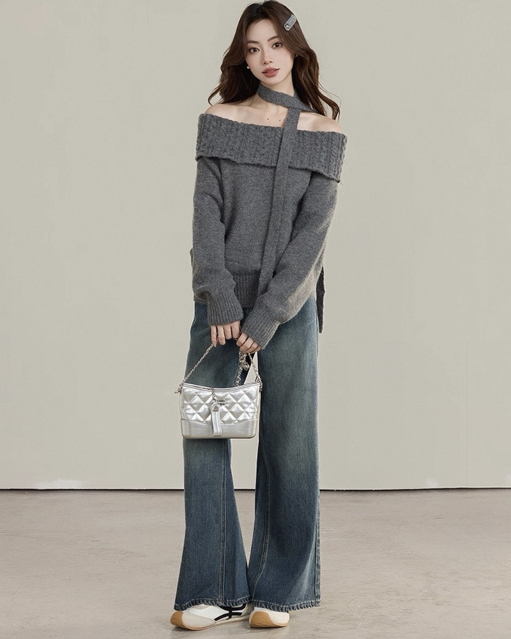 マフラー付きオフショルダーニットトップス Mc 585