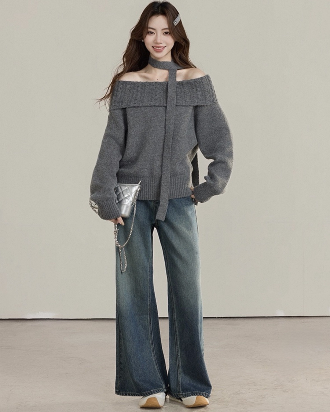 マフラー付きオフショルダーニットトップス Mc 585