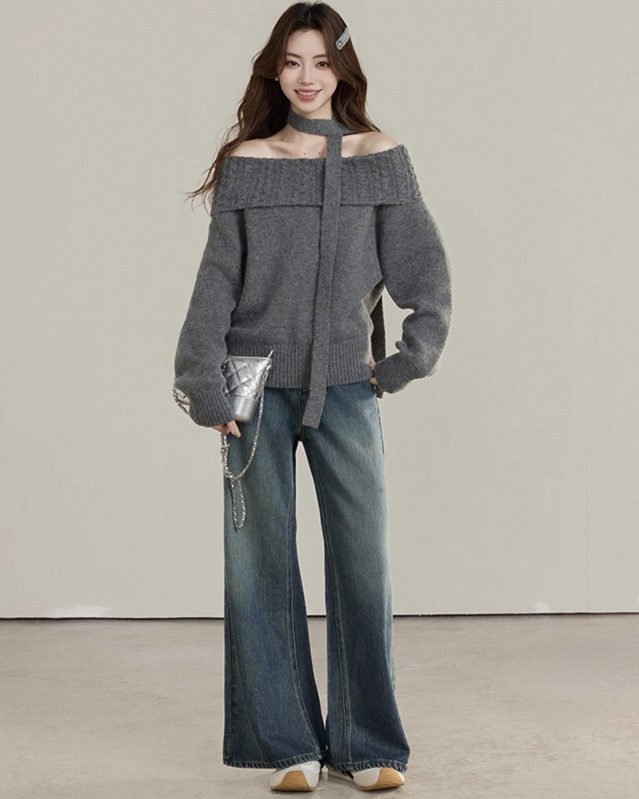 マフラー付きオフショルダーニットトップス Mc 585