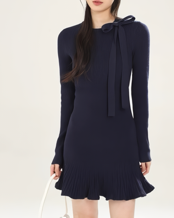 リボンネックフリルヘムニットワンピース Mc 607