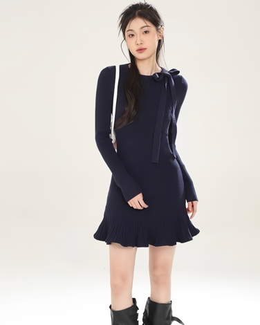 リボンネックフリルヘムニットワンピース Mc 607