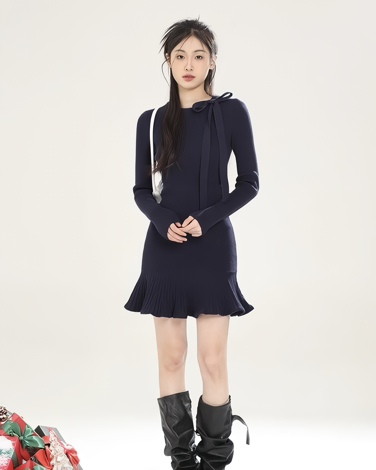 リボンネックフリルヘムニットワンピース Mc 607