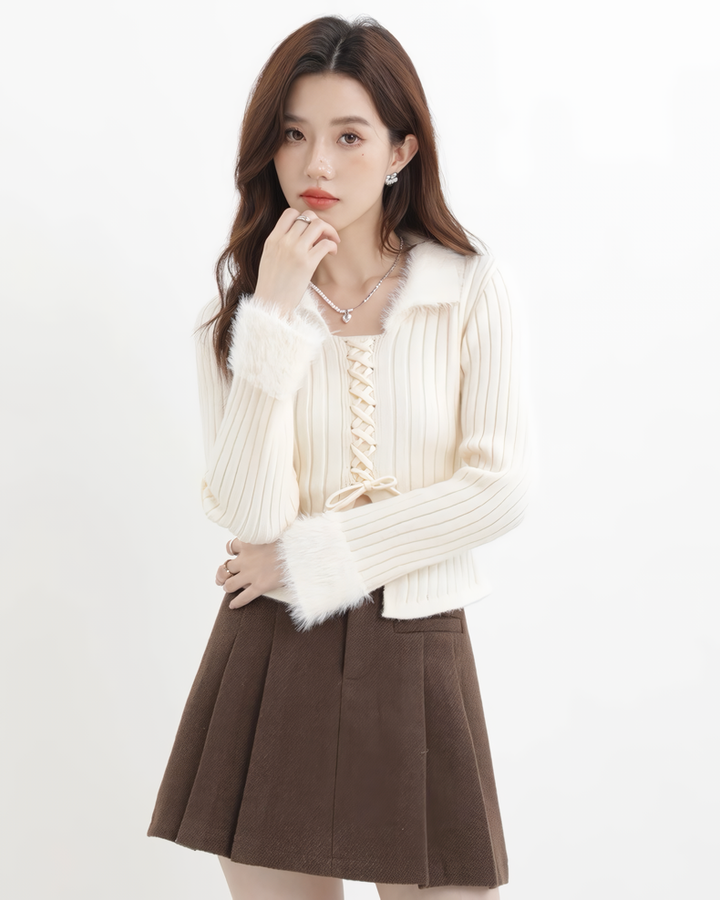 ファーフリルリブレースアップニットトップス Mc608