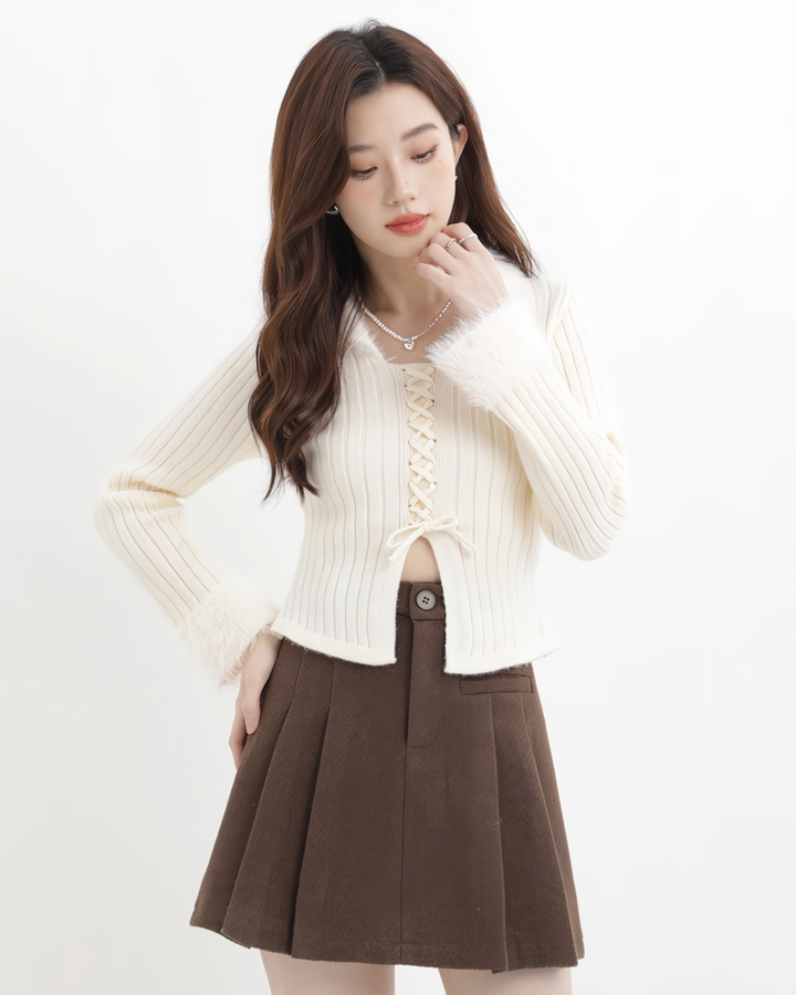 ファーフリルリブレースアップニットトップス Mc608