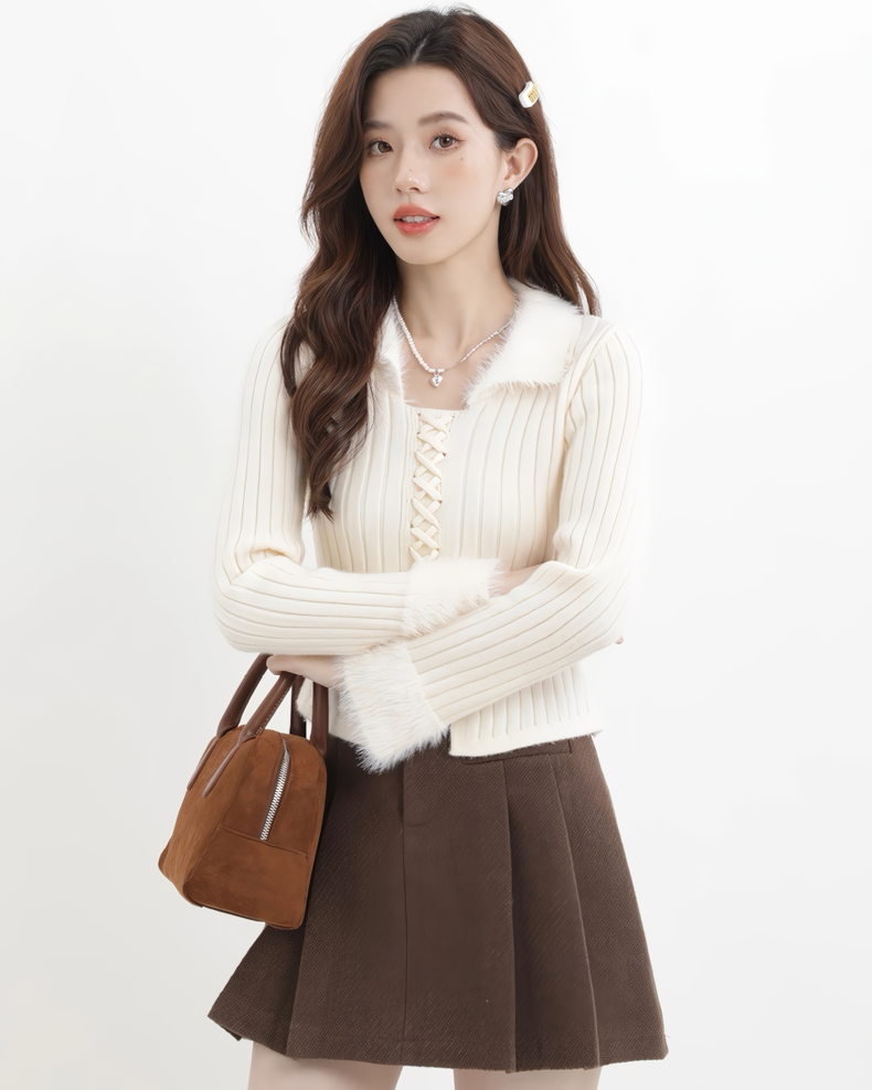 ファーフリルリブレースアップニットトップス Mc608