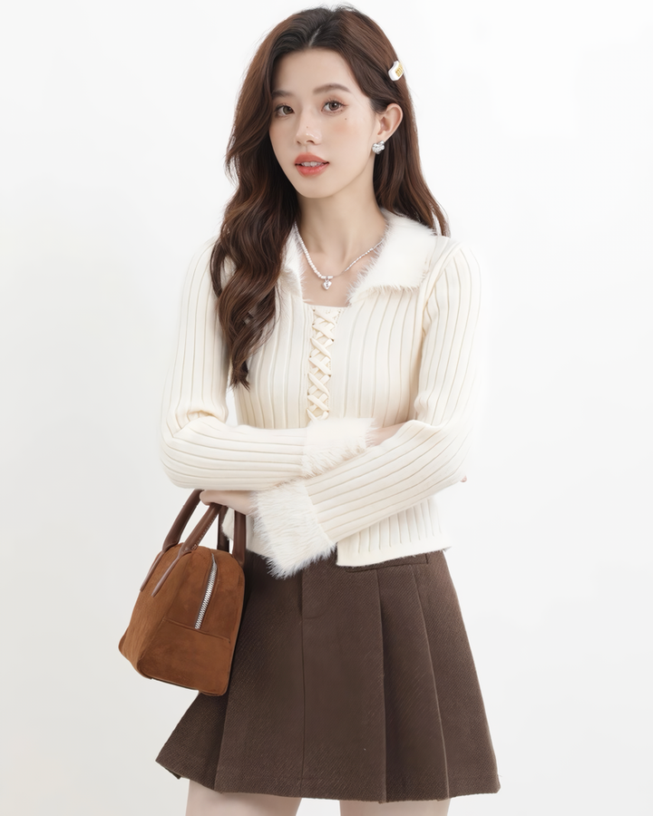 ファーフリルリブレースアップニットトップス Mc608