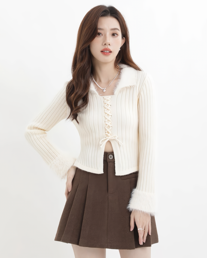 ファーフリルリブレースアップニットトップス Mc608