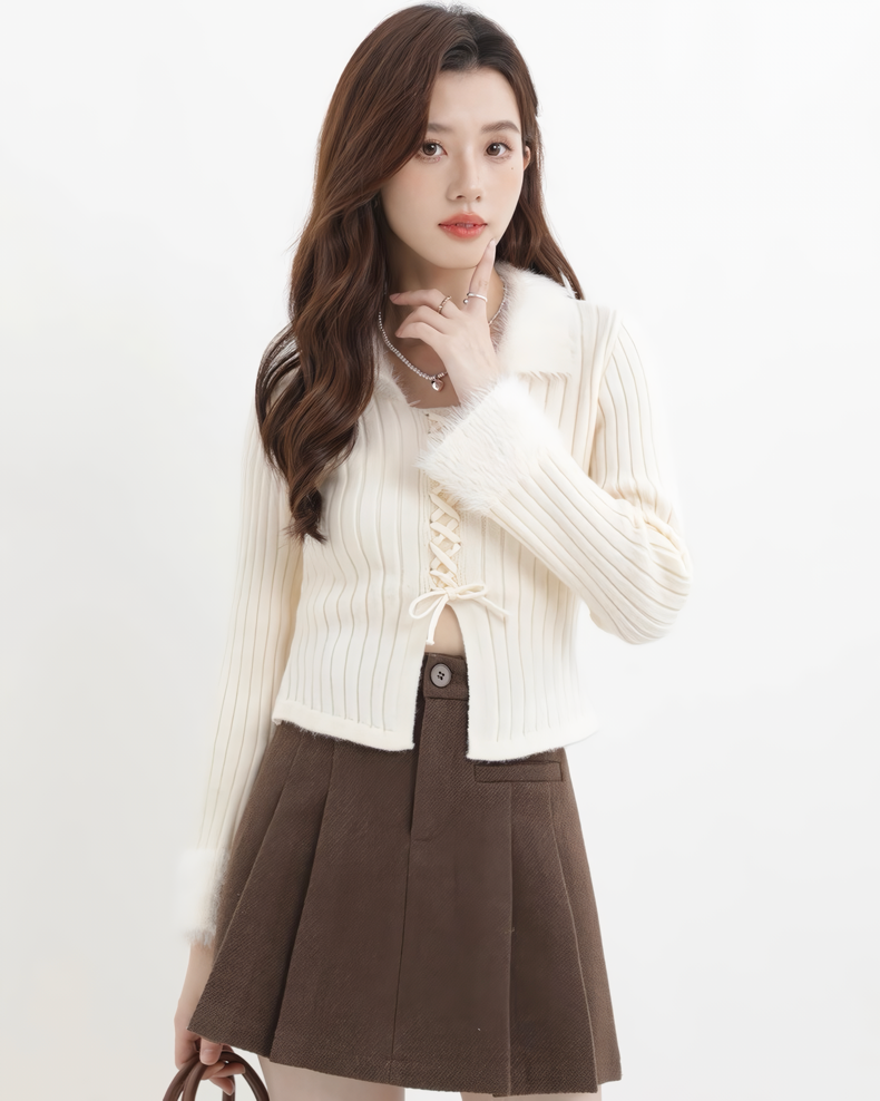 ファーフリルリブレースアップニットトップス Mc608