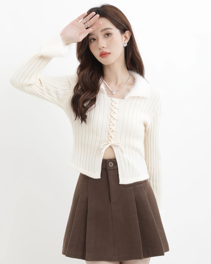 ファーフリルリブレースアップニットトップス Mc608