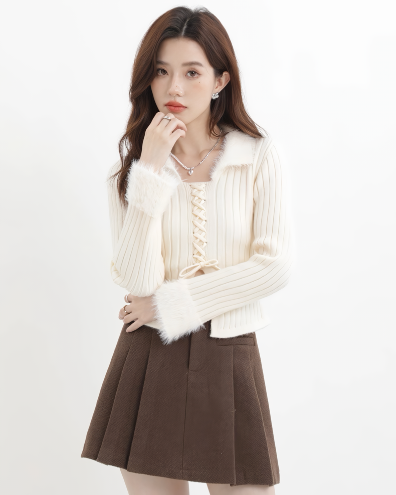 ファーフリルリブレースアップニットトップス Mc608