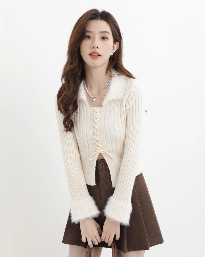 ファーフリルリブレースアップニットトップス Mc608