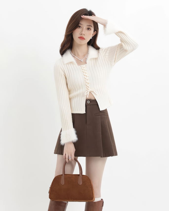ファーフリルリブレースアップニットトップス Mc608