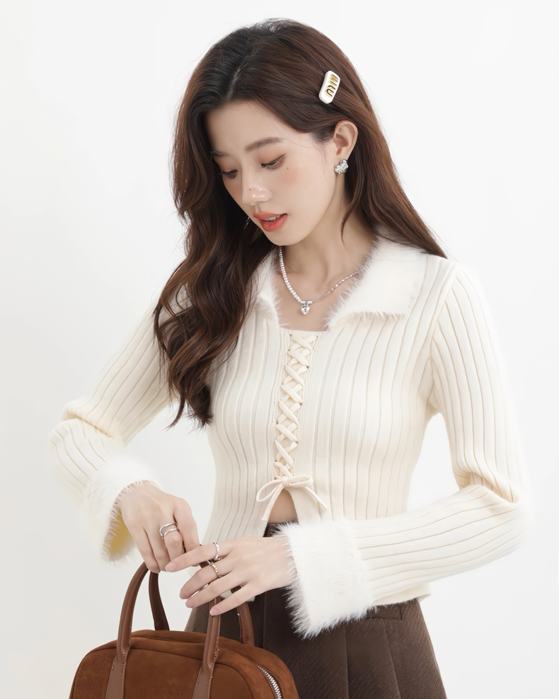ファーフリルリブレースアップニットトップス Mc608
