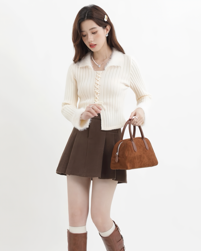 ファーフリルリブレースアップニットトップス Mc608