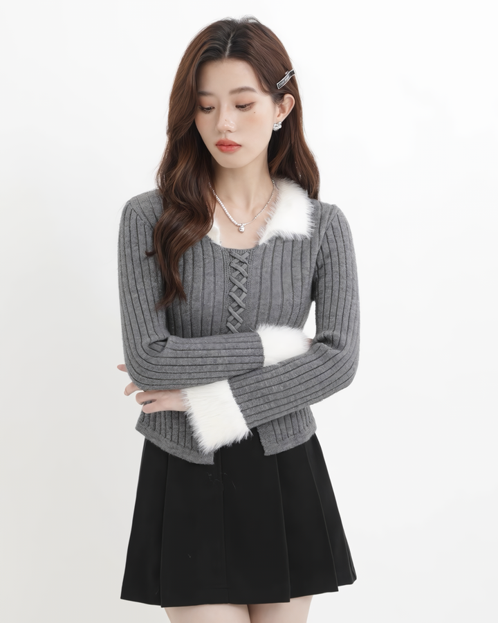 ファーフリルリブレースアップニットトップス Mc608